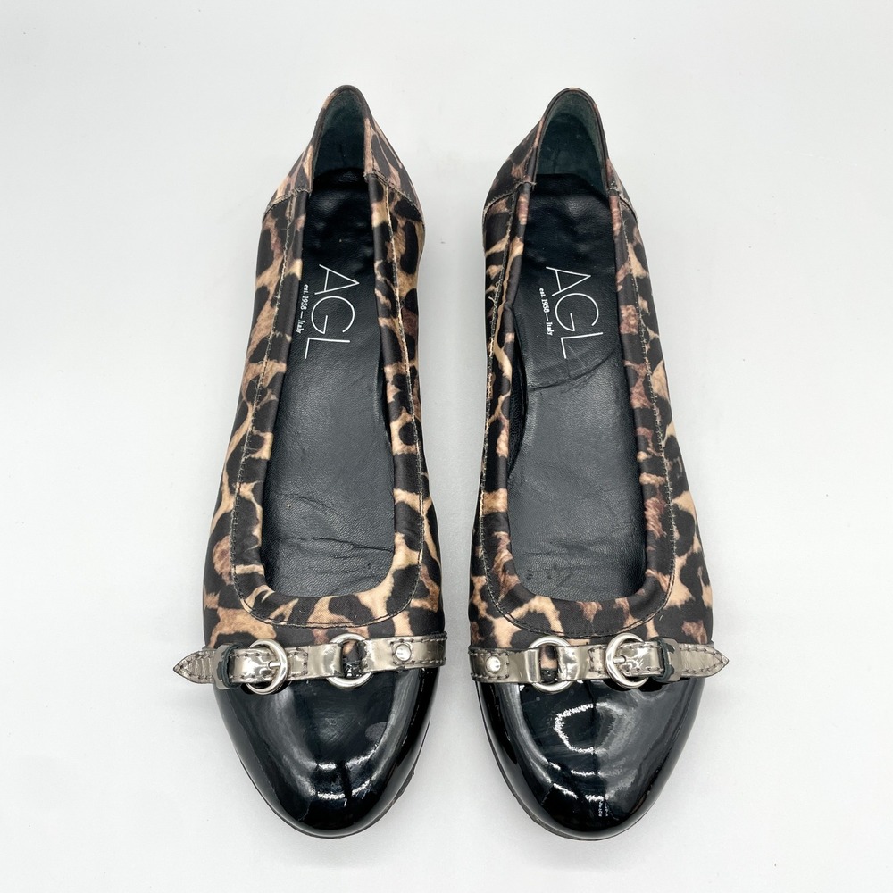 AGL Womens 39.5 9.5 Monika Leopard Patent Cap Toe Buckle Ballet Flats Preppy